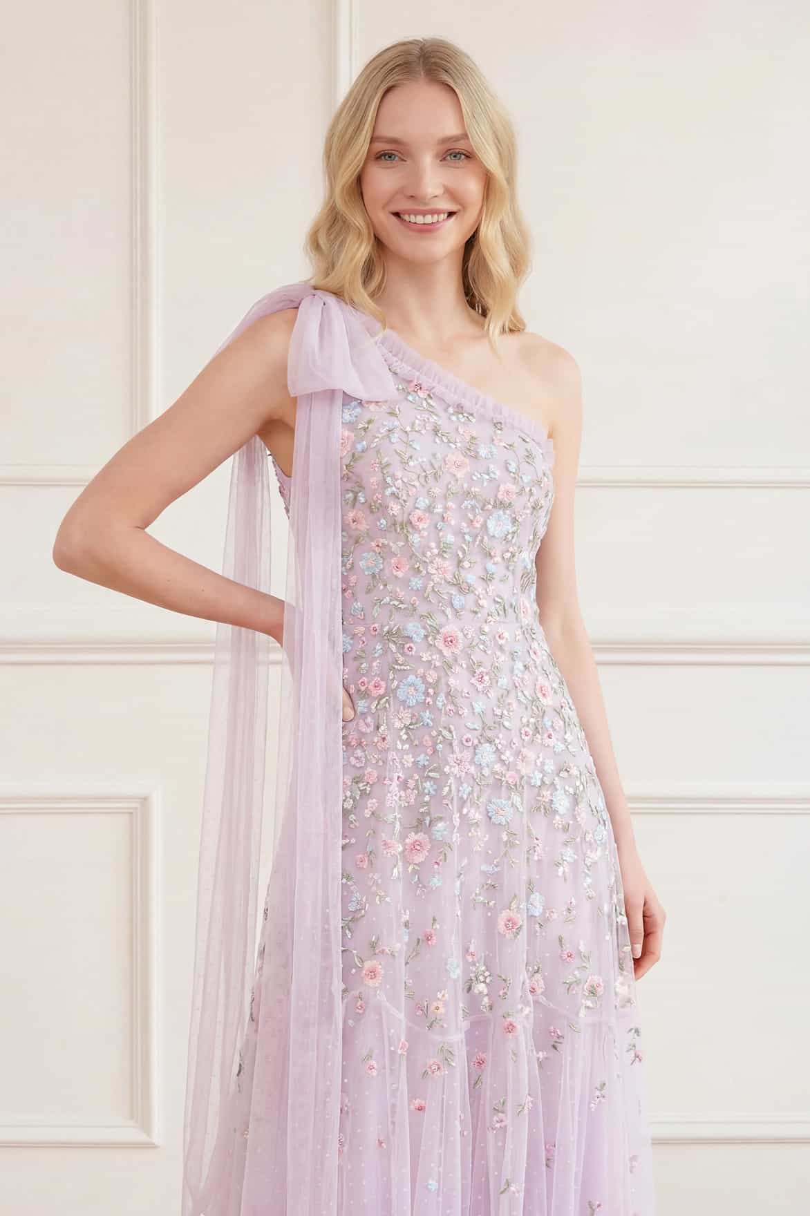 Needle & Thread Sylvia Rose One-Shoulder Bow Ankle Gown sukienka fioletowa haftowana