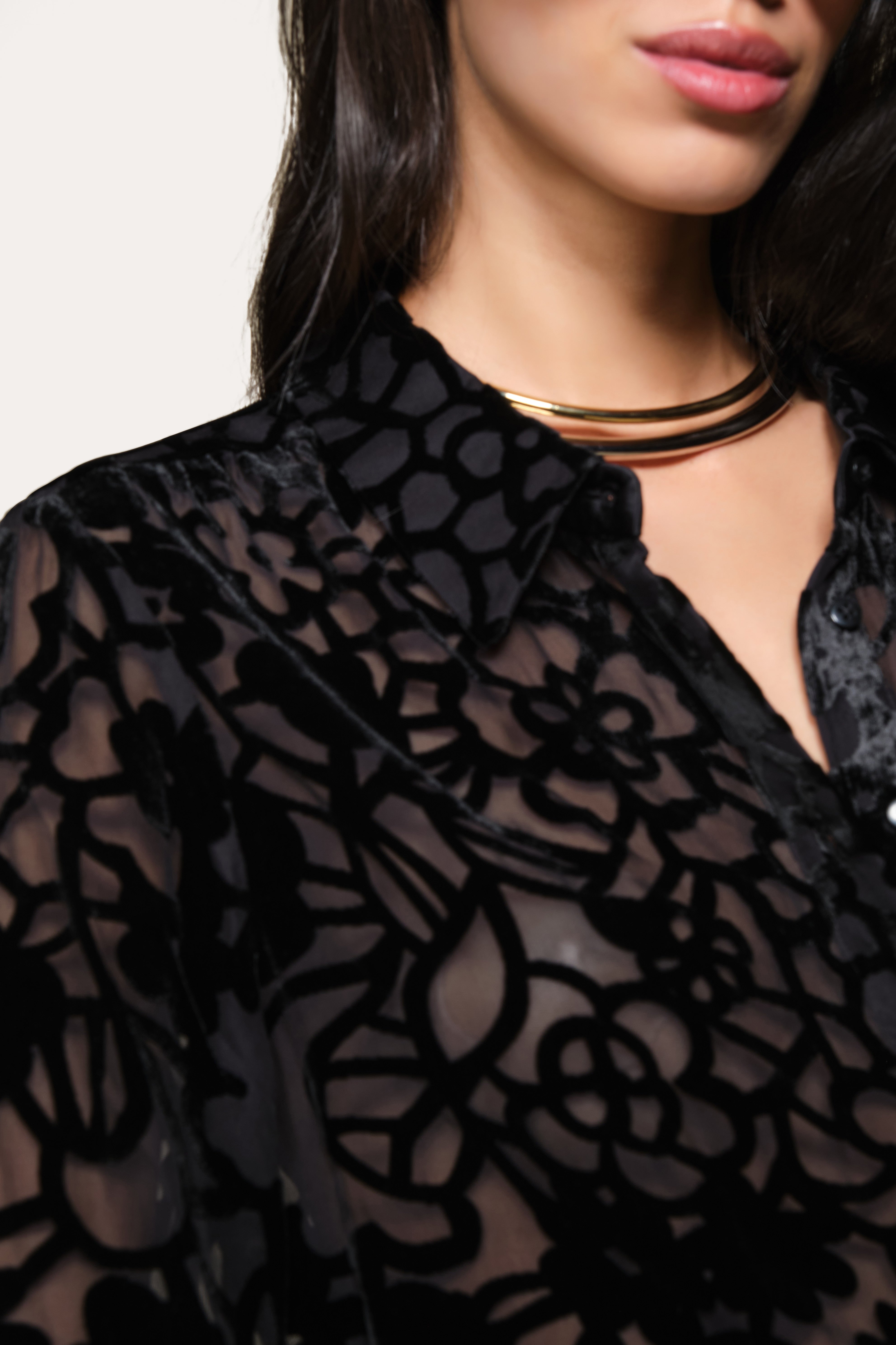 Elie Tahari Silk Devore Blouse bluzka czarna ażurowa