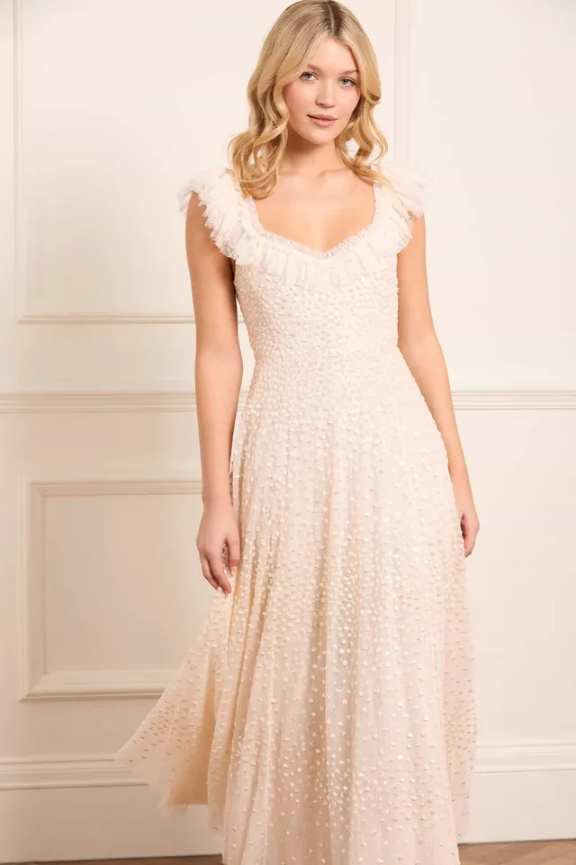Needle & Thread Scatter Dot Ruffle Ankle Gown sukienka kremowa