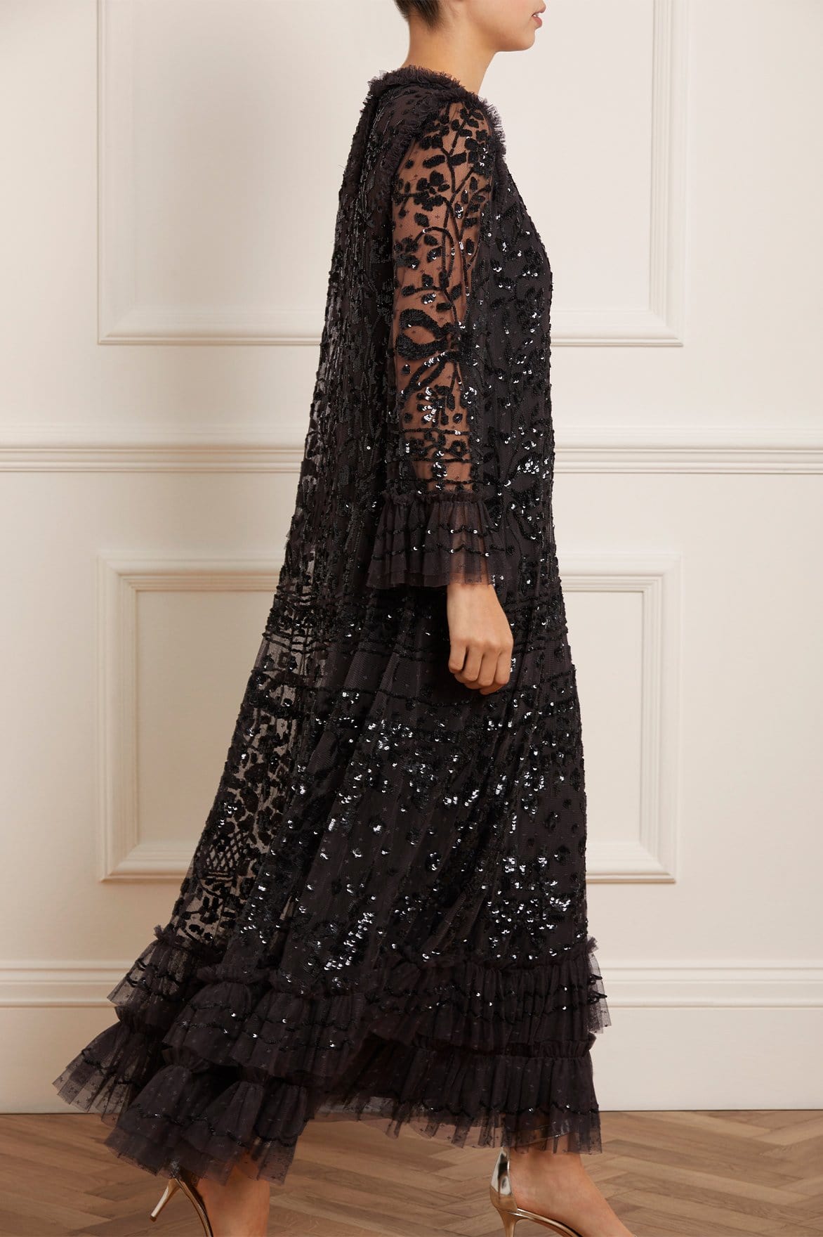 Needle & Thread Celia Long Sleeve Ankle Gown suknia czarna