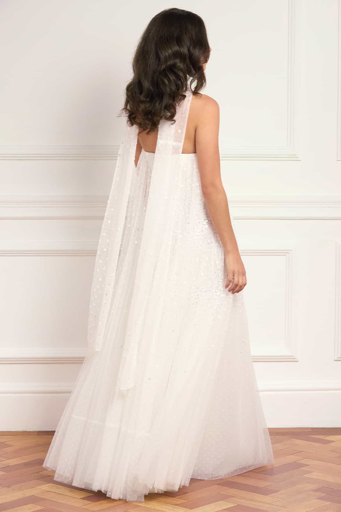 Needle & Thread Sunrise Sequin Strapless Cape Gown suknia biała cekinowa