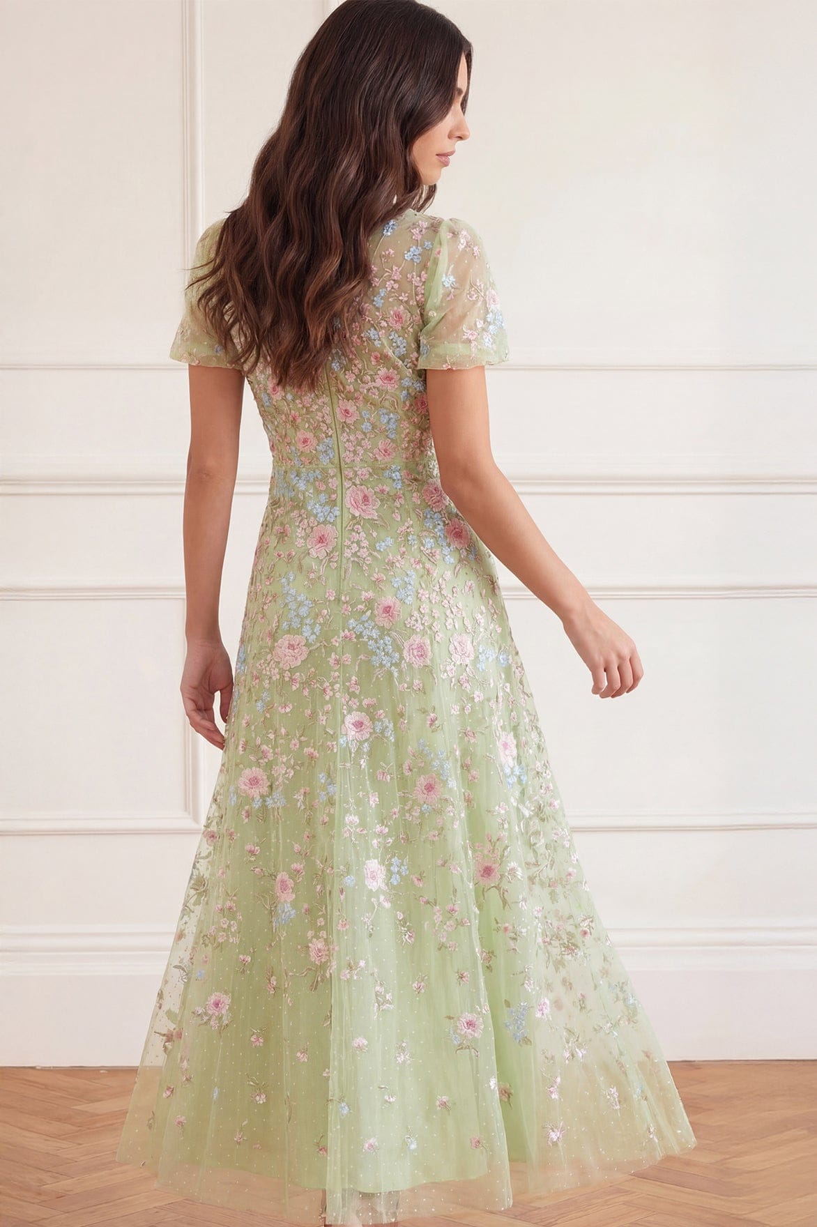 Needle & Thread Peony Bouquet Round Neck Ankle Gown suknia zielona