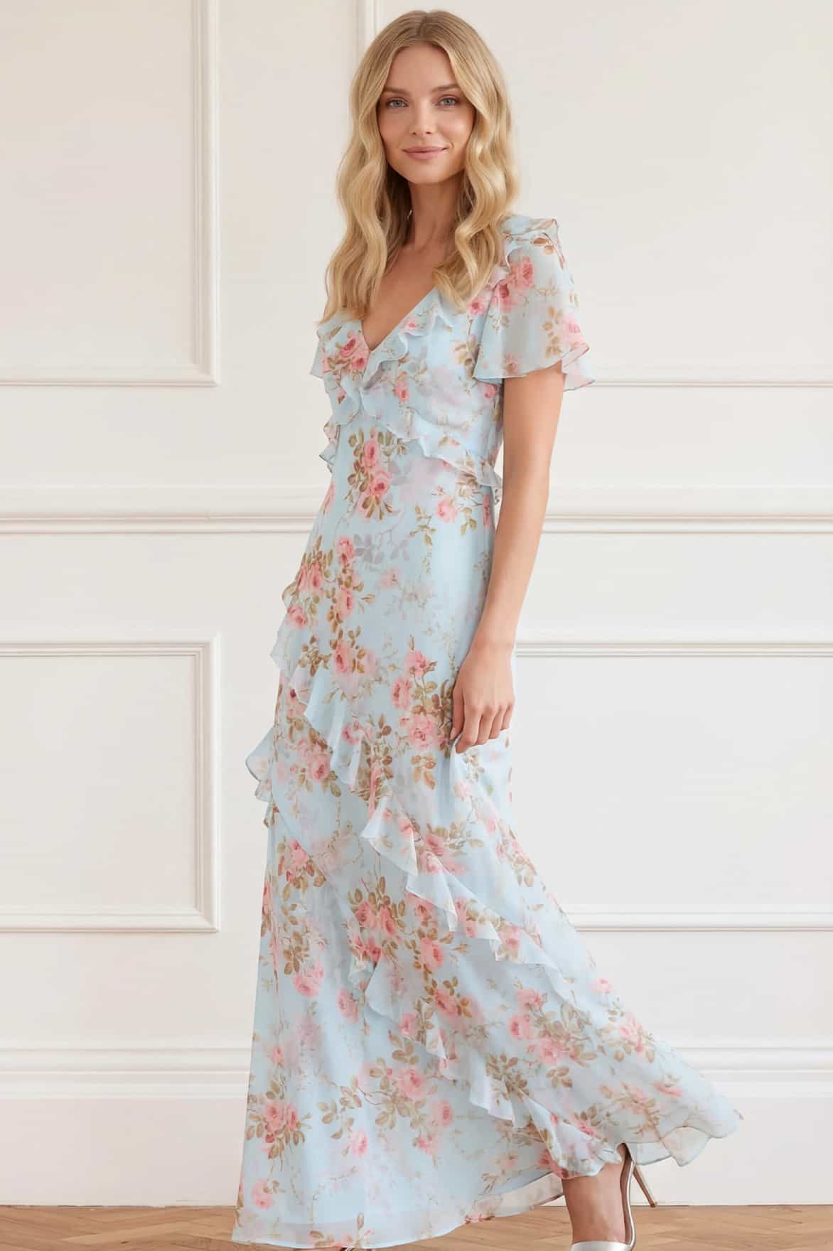 Needle & Thread Summer's Rose Georgette V-Neck Gown suknia niebieska