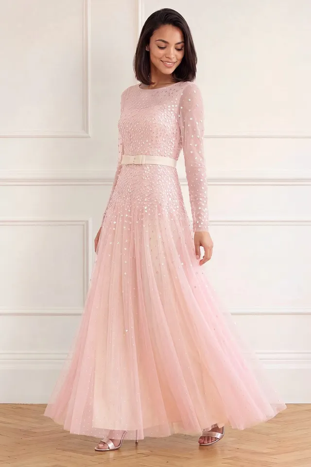 Needle & Thread Sequin Cascade Gown sukienka różowa kokarda