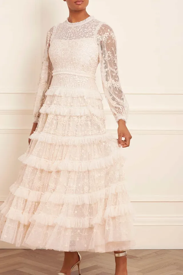 Needle & Thread Blossom Lace Ankle Gown sukienka kremowa haftowana