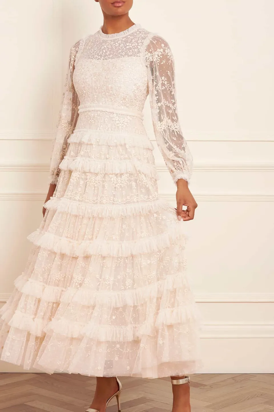 Needle & Thread Blossom Lace Ankle Gown sukienka kremowa haftowana