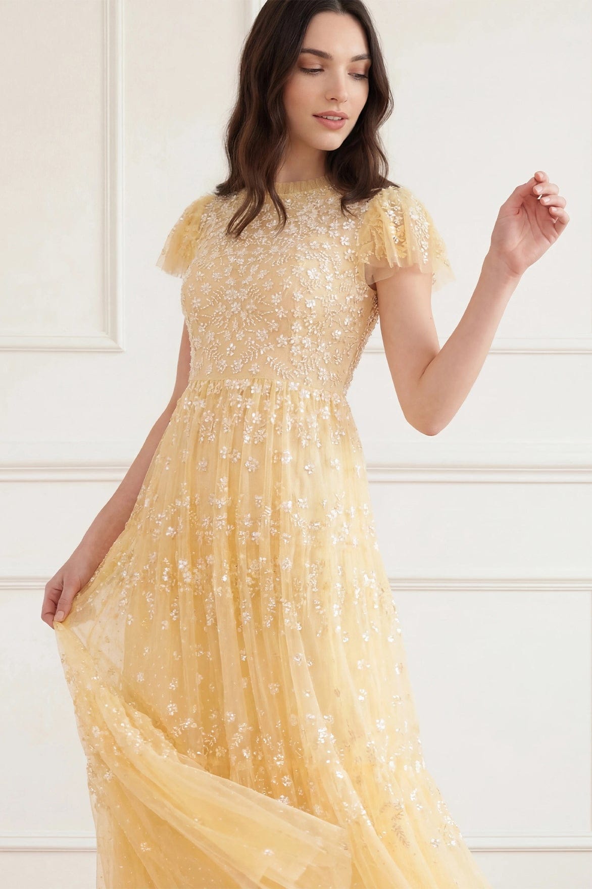 Needle & Thread Clover Short Sleeve Ankle Gown sukienka żółta cekinowa