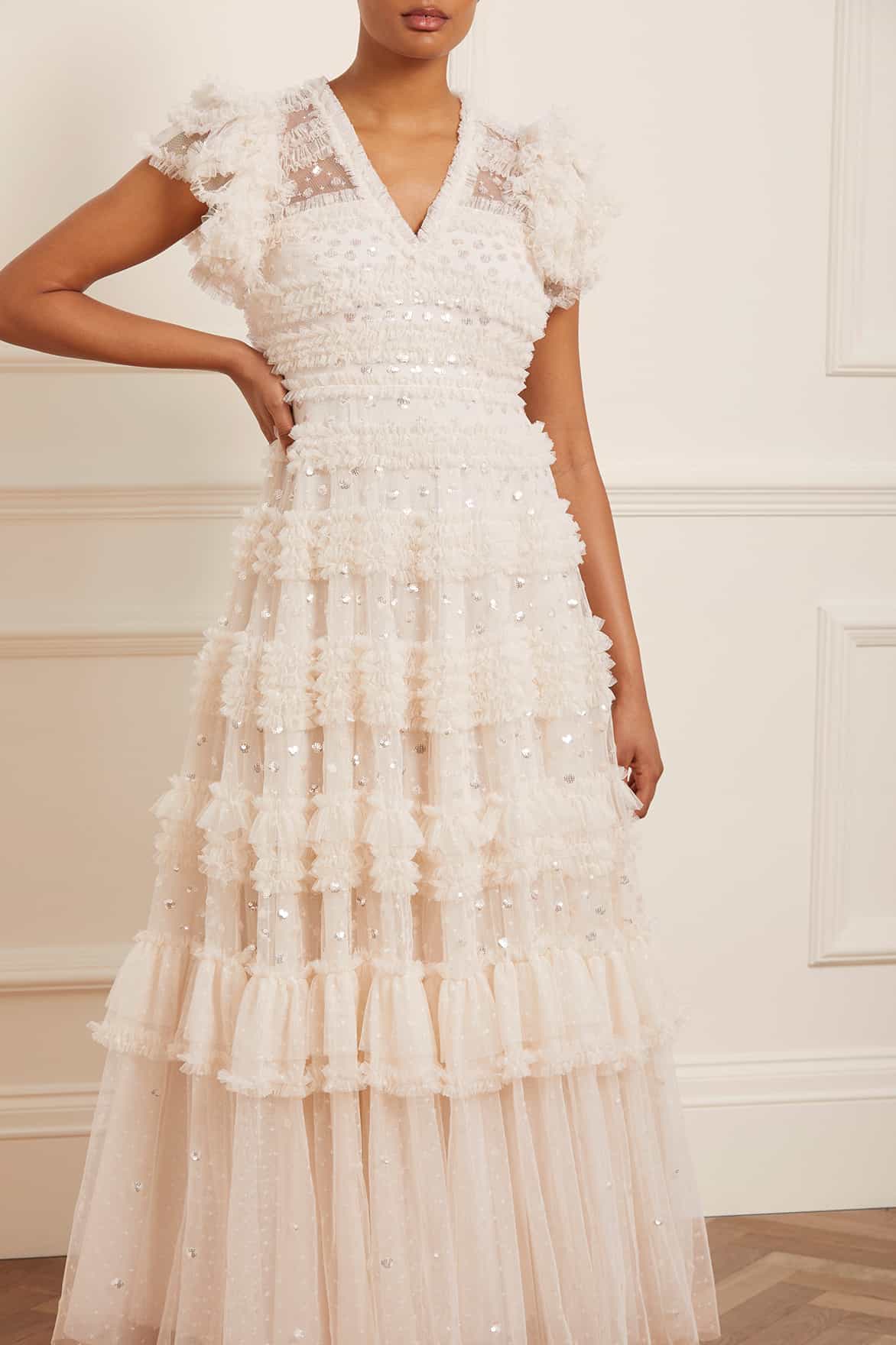 Needle & Thread Vivian V-Neck Gown suknia kremowa cekinowa