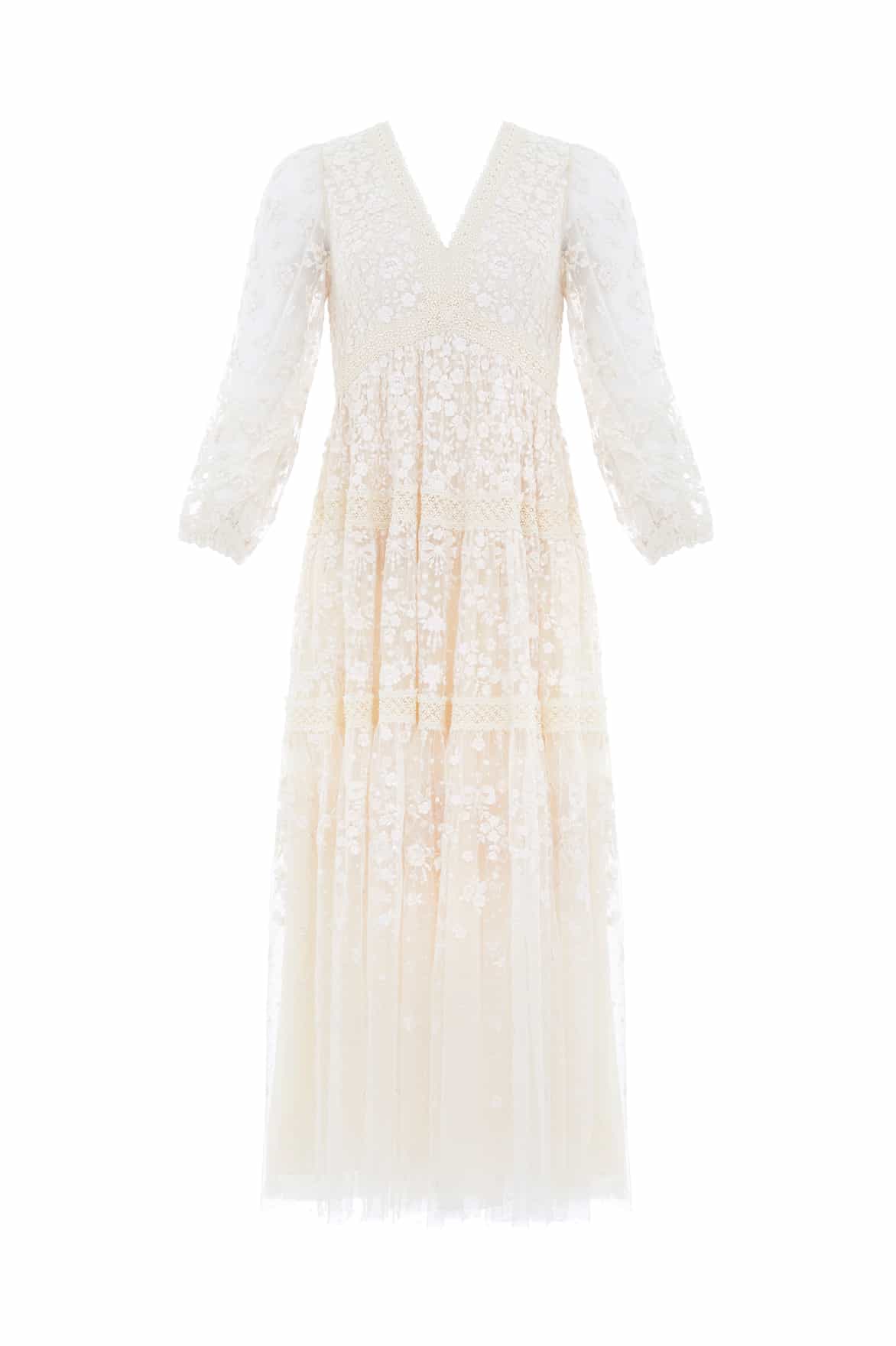 Needle & Thread Celestia Ribbon Ankle Gown sukienka kremowa haftowana