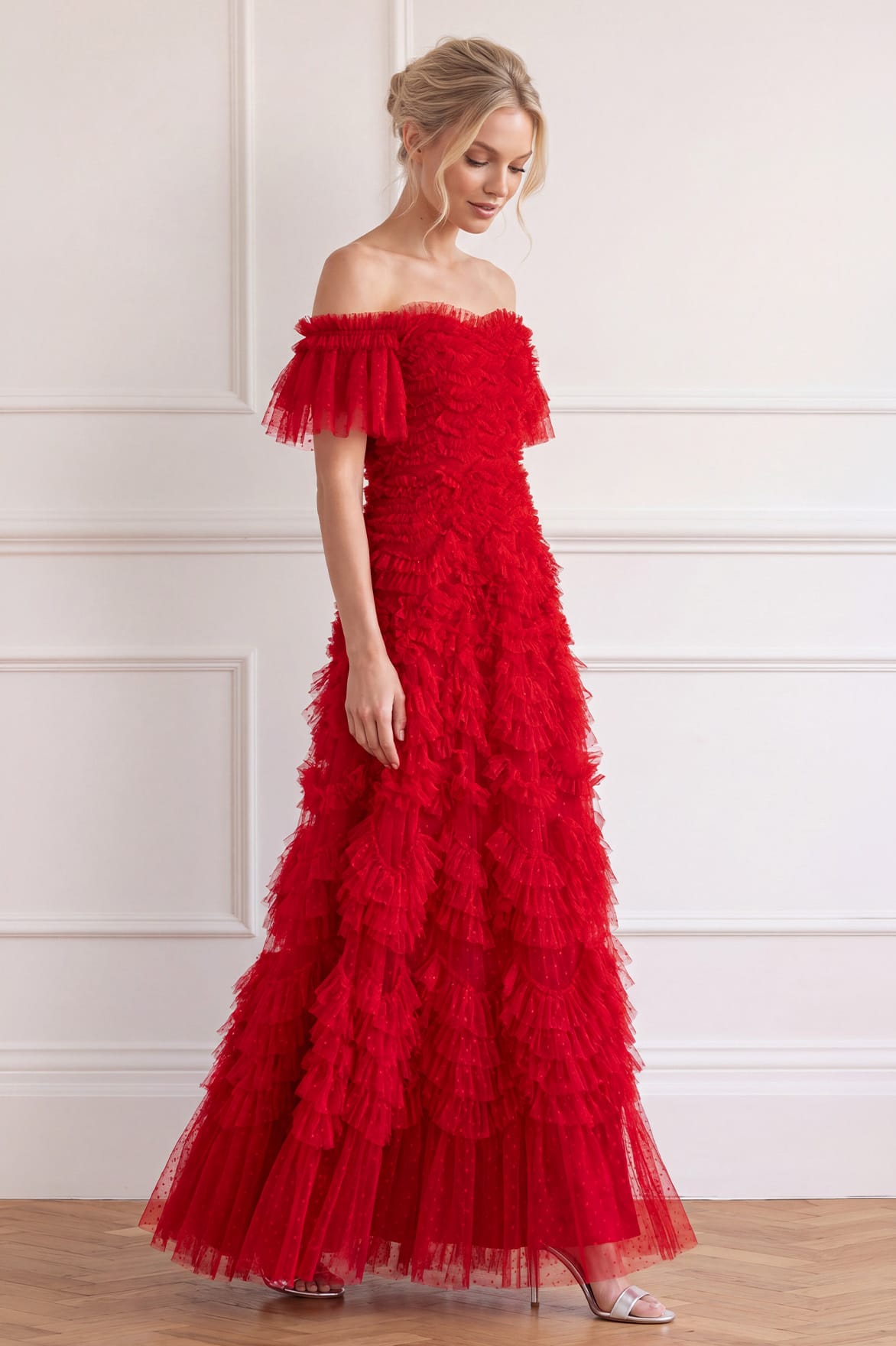 Needle & Thread Thalia Off-Shoulder Gown sukienka czerwona
