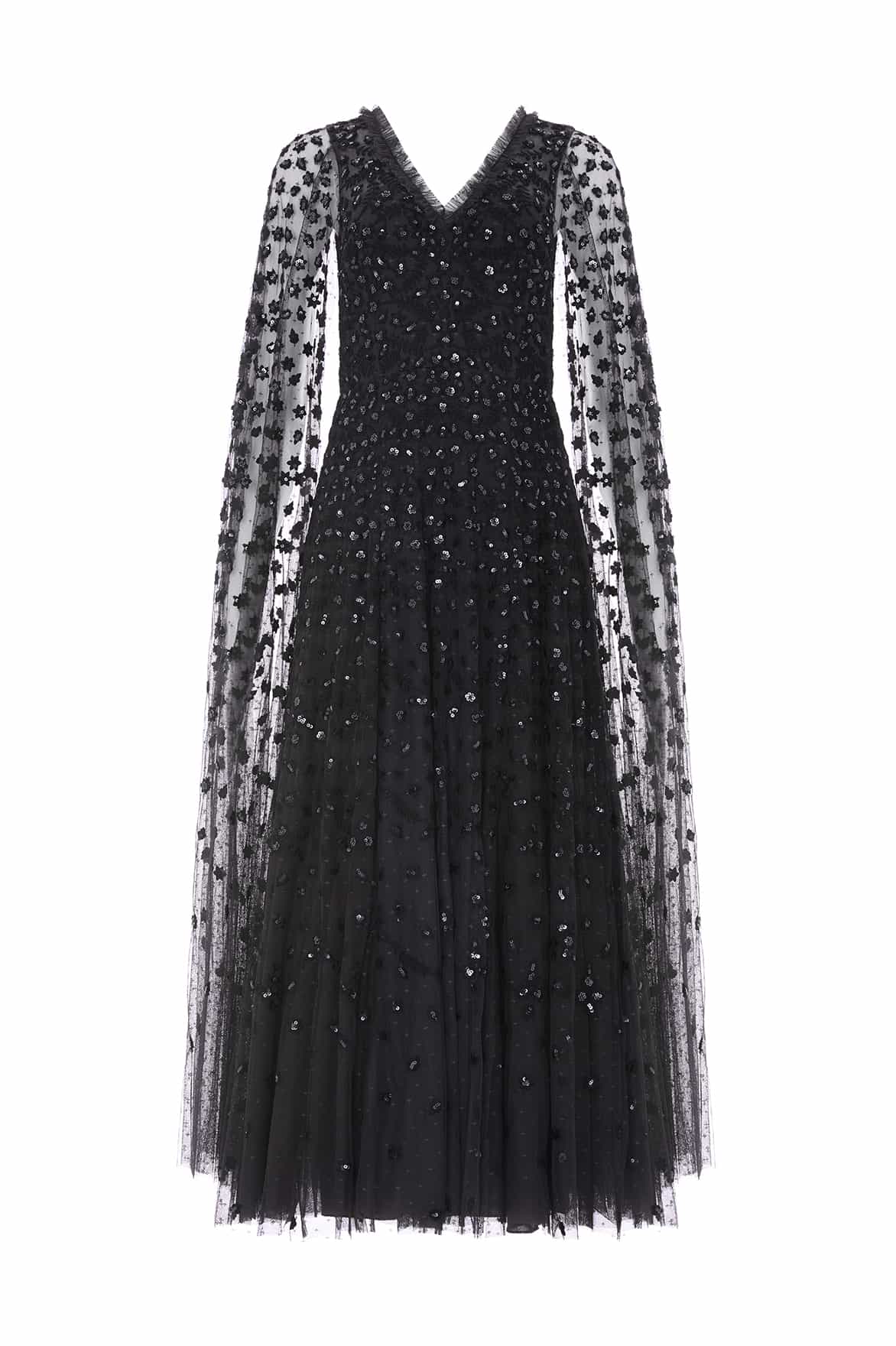 Needle & Thread Clover Cape Ankle Gown suknia czarna haftowana