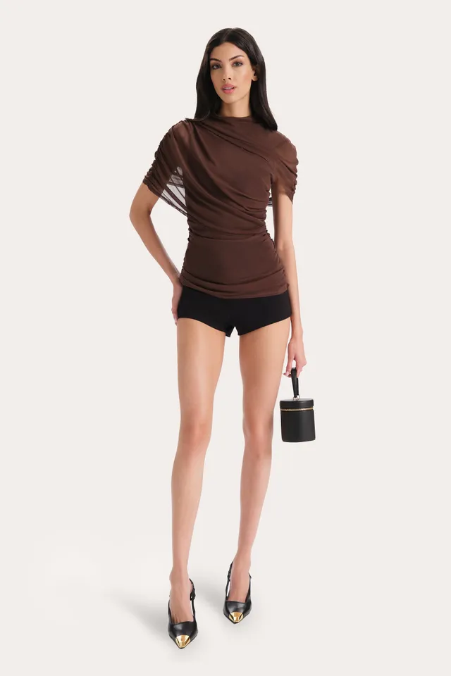 Elie Tahari Gaia top mesh drapowany brązowy