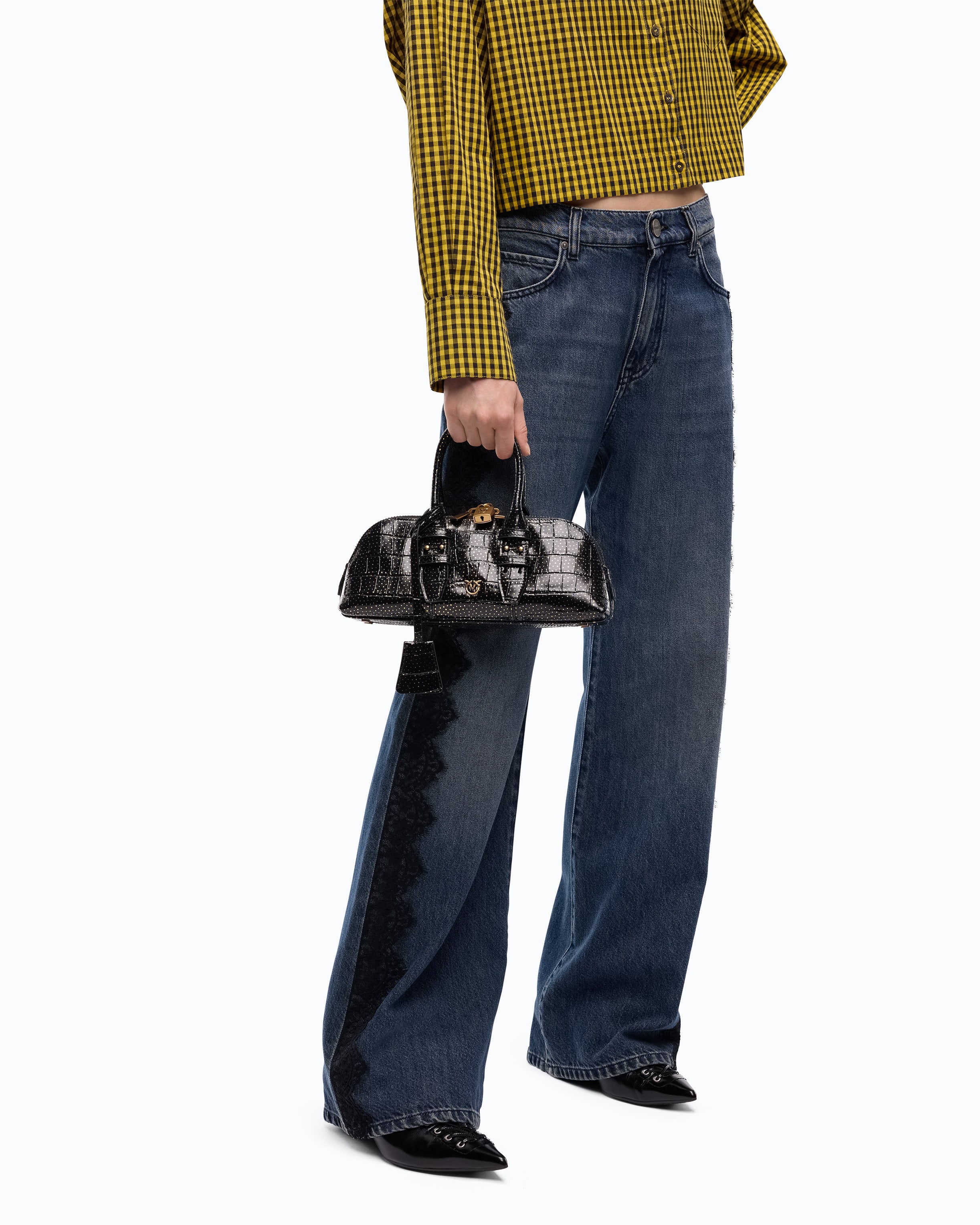 Pinko Bowling Bag torebka czarna skora krokodyl zloto
