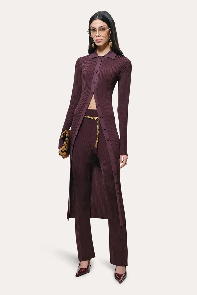 Elie Tahari Roxanne Ribbed Flare Pant spodnie bordowe Port Wine