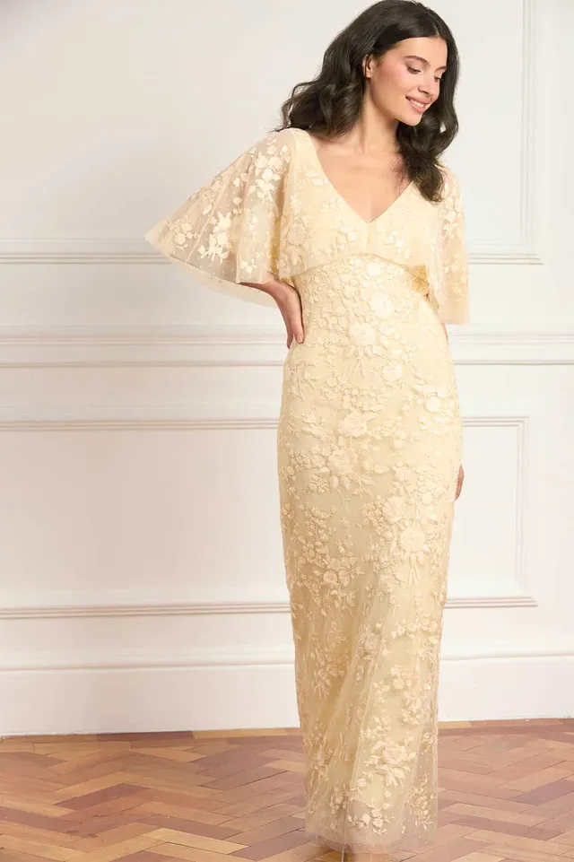 Needle & Thread Rosa V-Neck Cape Gown sukienka żółta haftowana