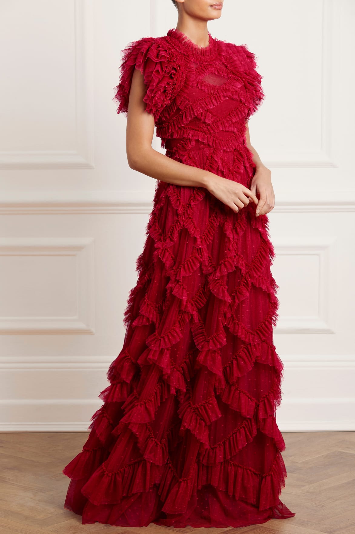 Needle & Thread Genevieve Ruffle sukienka wieczorowa czerwona