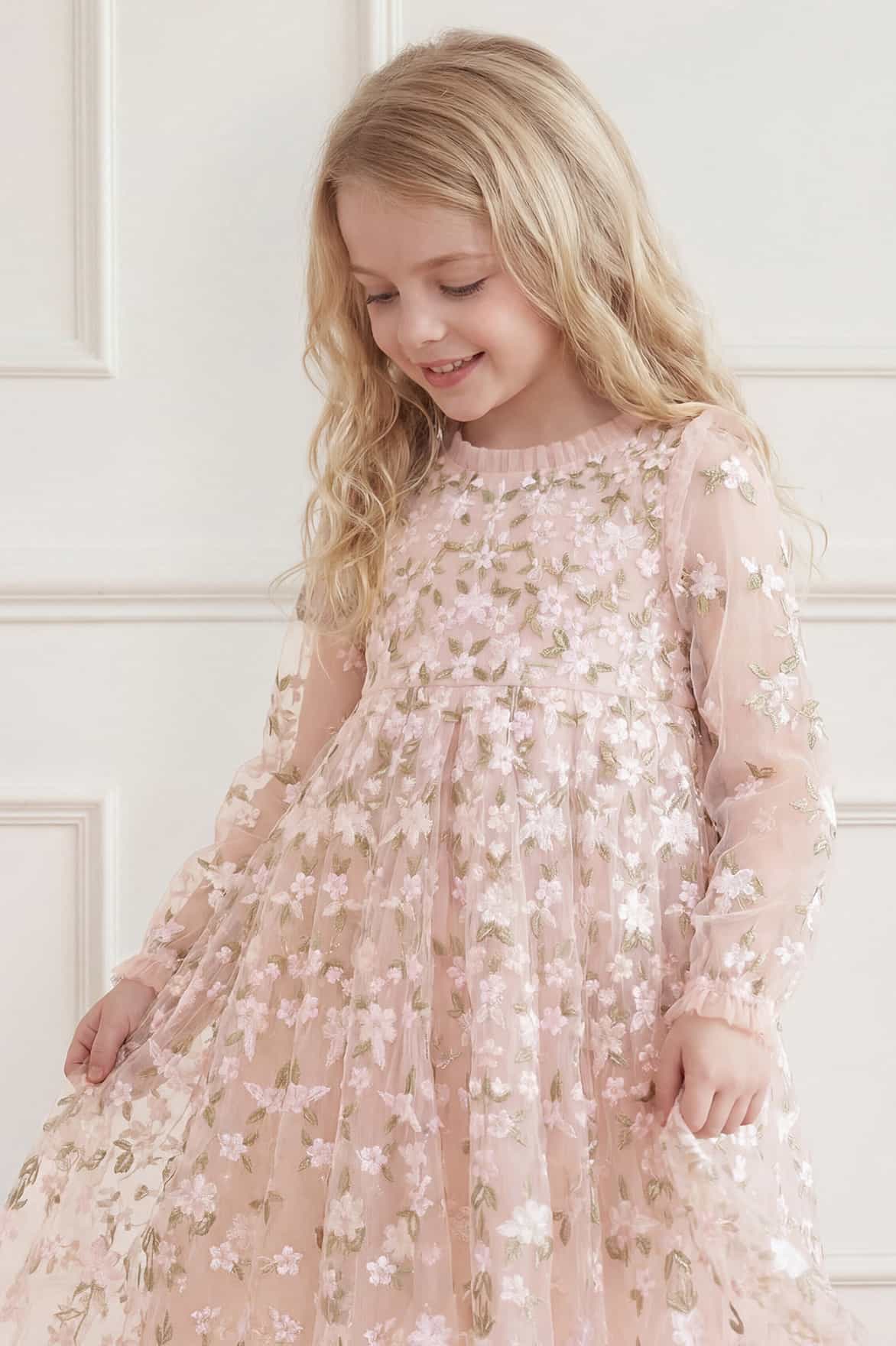 Needle & Thread Camellia Ditsy Long Sleeve Kids Dress sukienka różowa