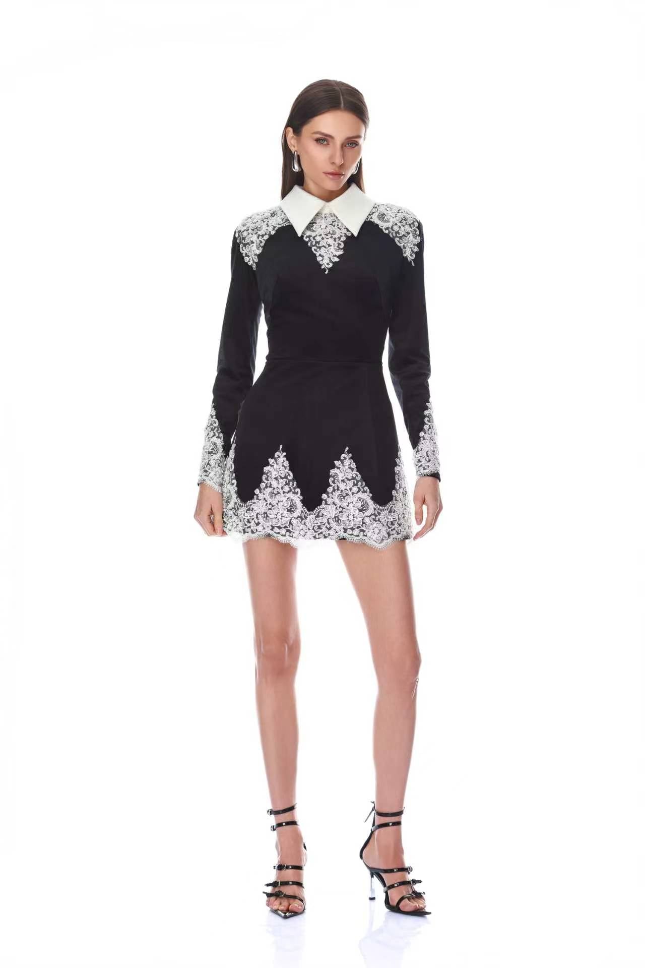 Bronx and Banco Long Sleeve Velvet Lace sukienka mini czarna