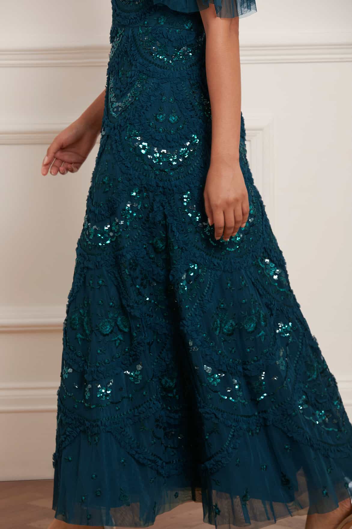 Needle & Thread Carmen Ruffle Ankle Gown sukienka zielona