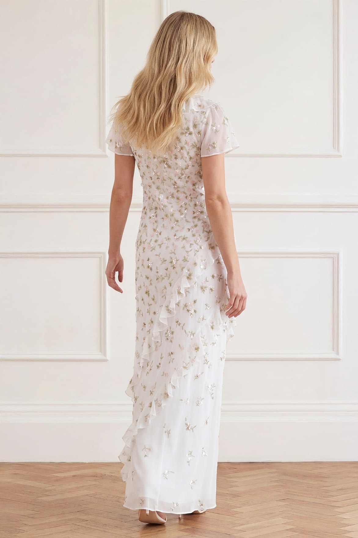 Needle & Thread Meadow Ditsy Georgette Gown sukienka biała haftowana