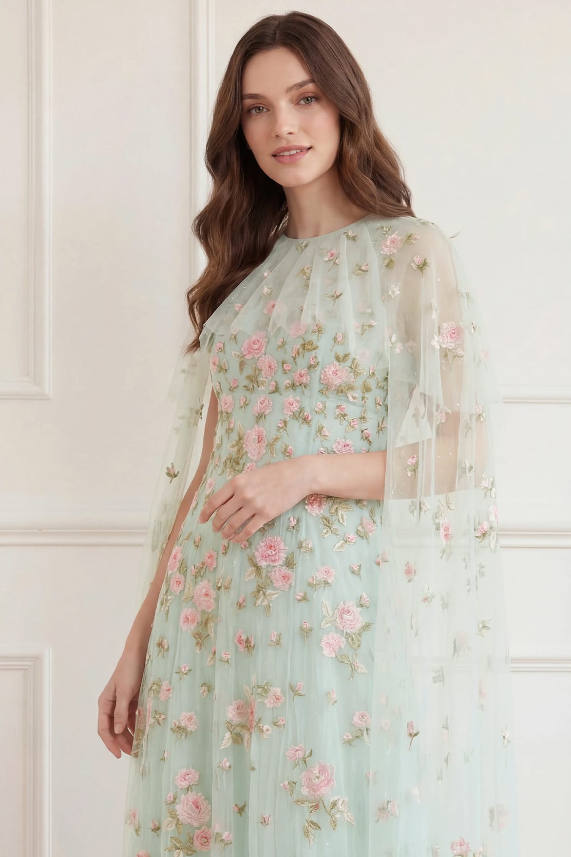 Needle & Thread Rose Bloom Cape Gown suknia zielona haft