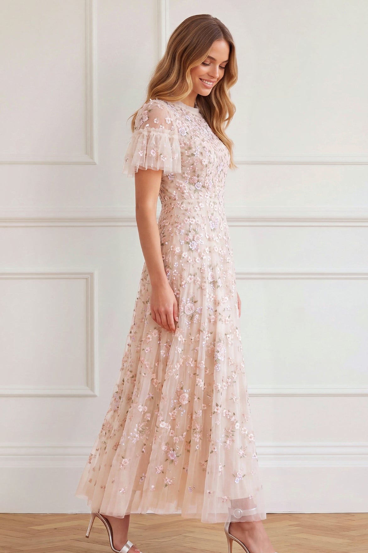Needle & Thread Floral Waltz Ankle Gown sukienka Cream haftowana