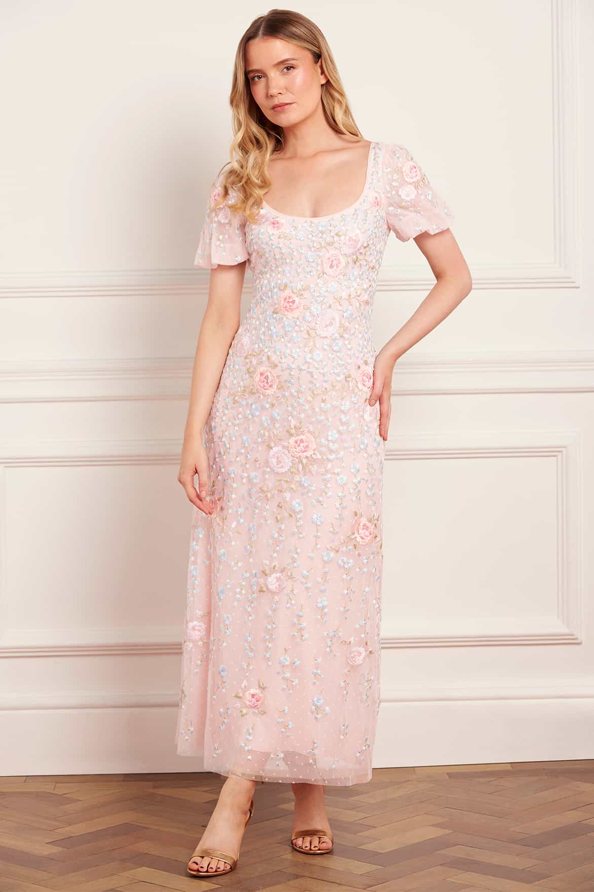 Needle & Thread Cressida Embroidery Puff Sleeve Ankle Gown sukienka róż