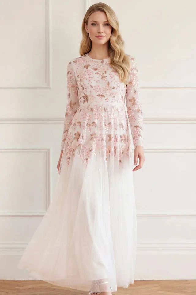 Needle & Thread Wisteria Dot Long Sleeve Gown sukienka biała haftowana