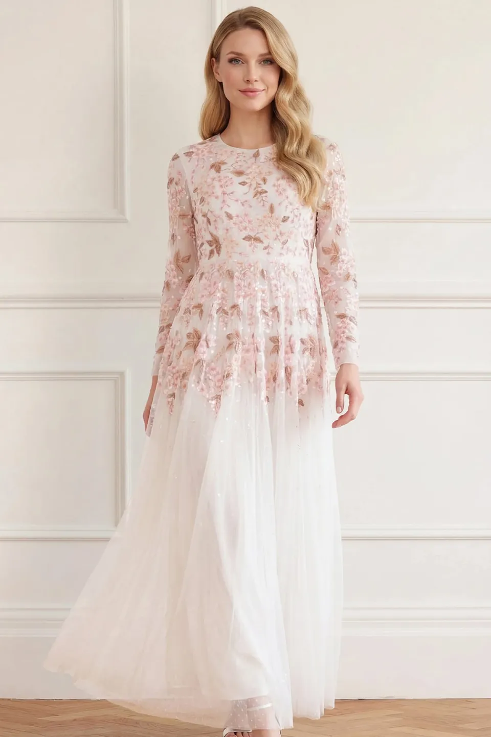Needle & Thread Wisteria Dot Long Sleeve Gown sukienka biała haftowana