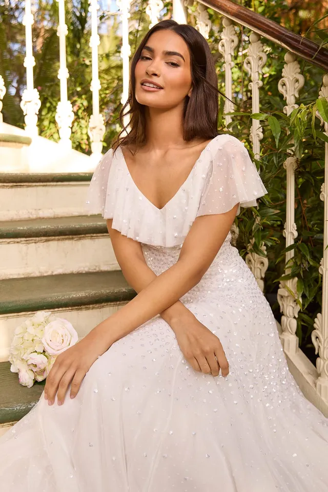 Needle & Thread Sunrise Sequin V-Neck Ankle Gown sukienka biała