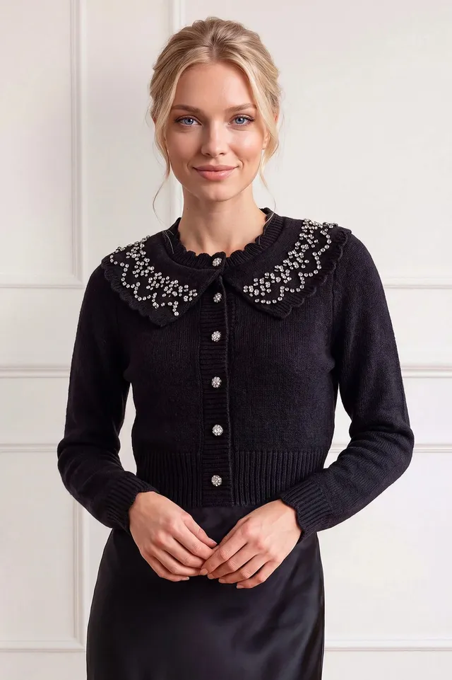 Needle & Thread Embellished Cape Collar Cardigan kardigan czarny