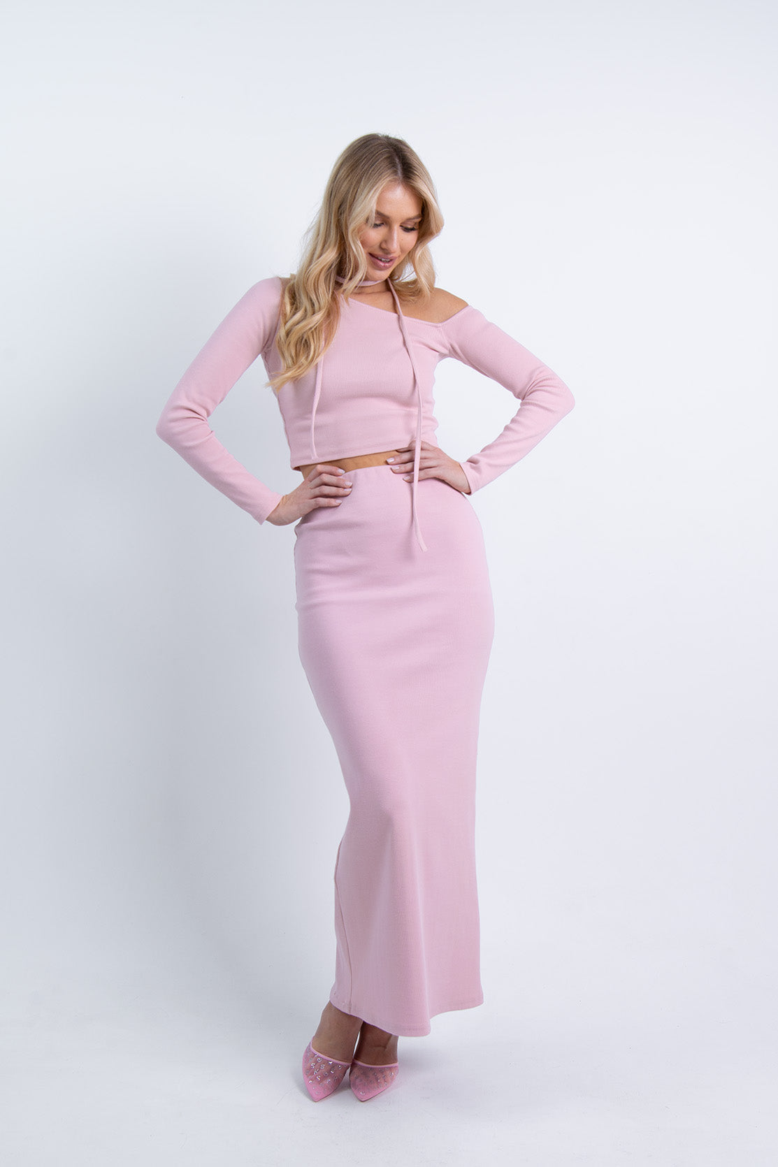 Nudyess Blossom spódnica maxi Pink prążkowana
