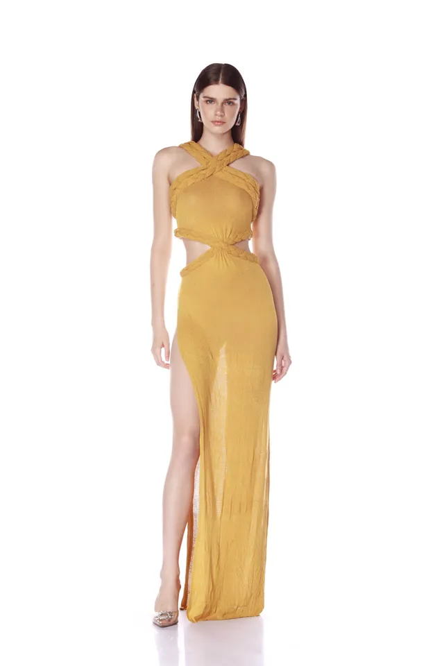 Bronx and Banco Celeste Knit sukienka musztardowa halter