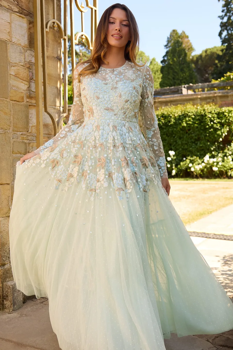 Needle & Thread Wisteria Dot Long Sleeve Gown suknia zielona