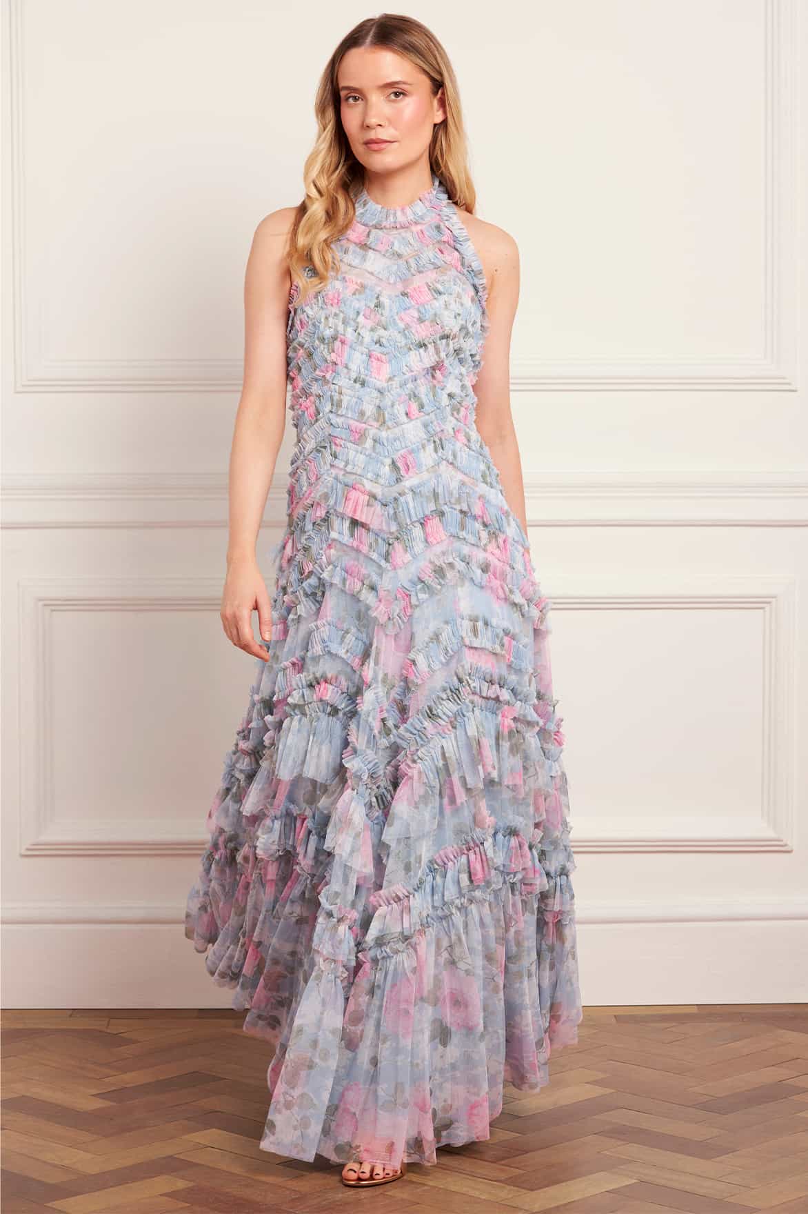 Needle & Thread Camille's Garden Elia suknia halter niebieska maxi