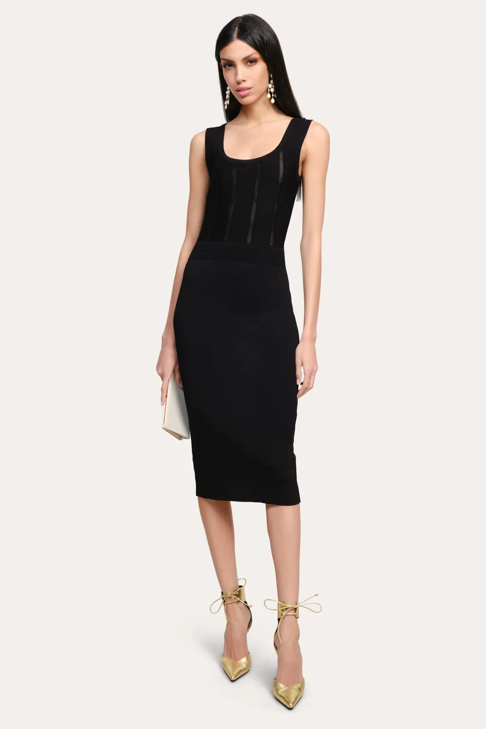 Elie Tahari Sylvie Milano Pointelle sukienka midi czarna