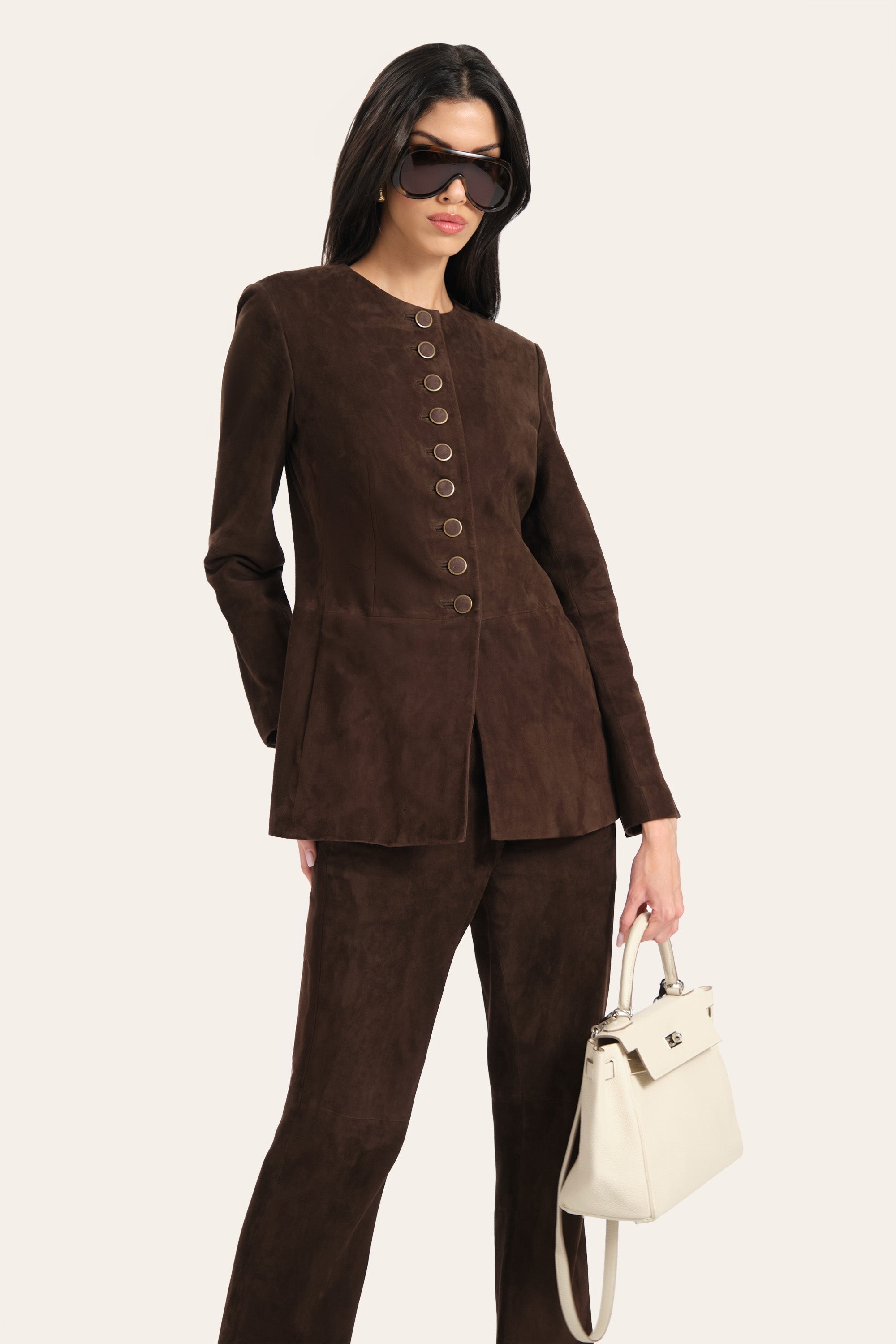 Elie Tahari Anouk Tailored Suede kurtka zamszowa brązowa koza