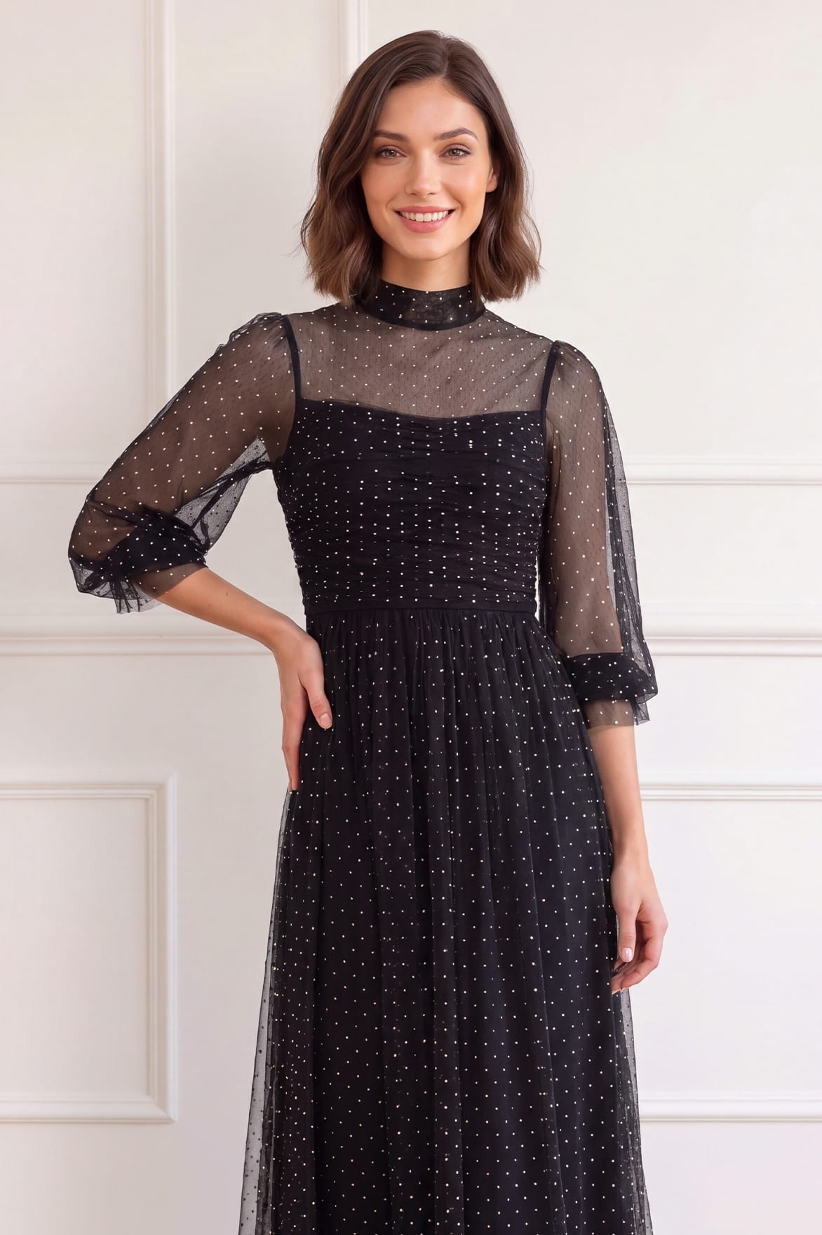 Needle & Thread Amaya Shimmer Long Sleeve Gown sukienka czarna
