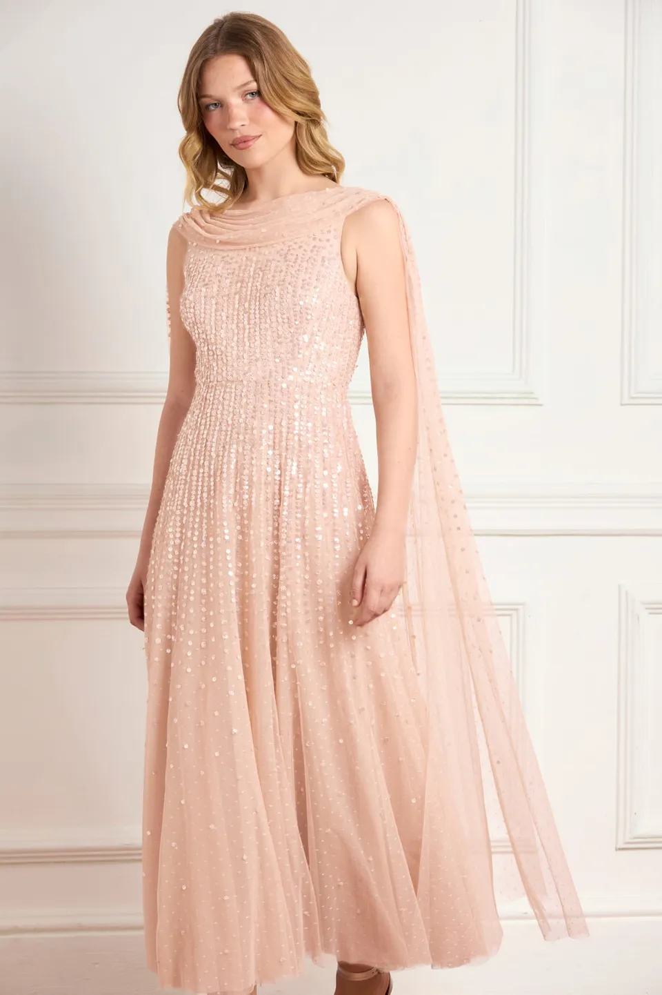 Needle & Thread Moonlight Sequin Ankle Gown sukienka beżowa