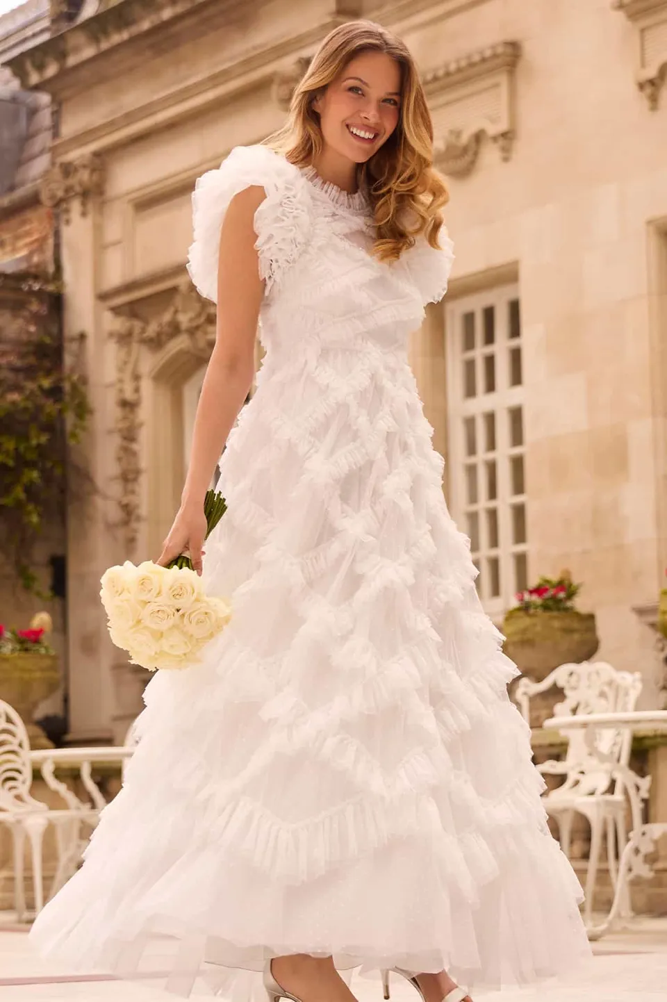Needle & Thread Genevieve Ruffle Gown sukienka biała falbanki