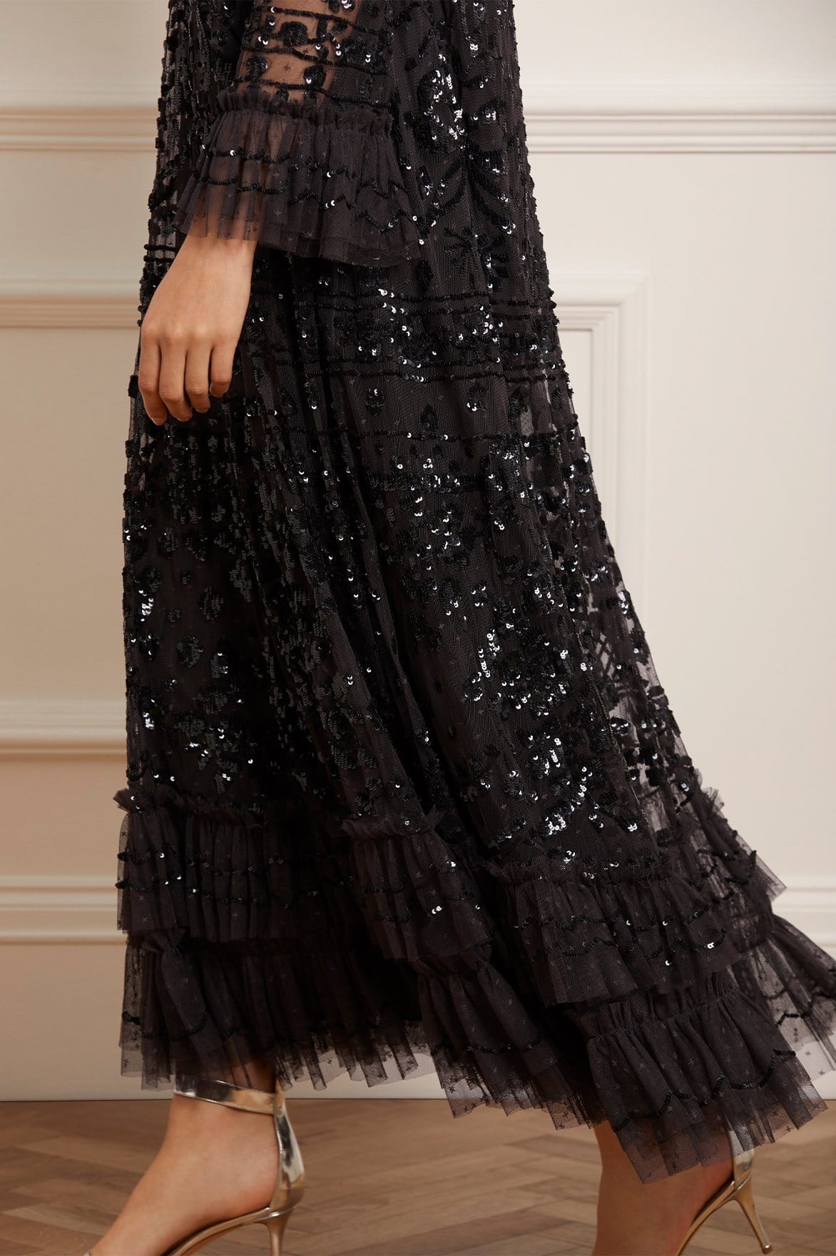 Needle & Thread Celia Long Sleeve Ankle Gown suknia czarna