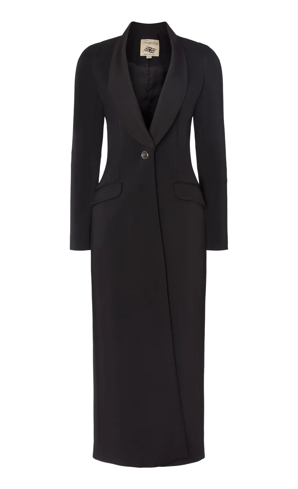 Temperley London Enzo płaszcz Black długi szalowy kołnierz
