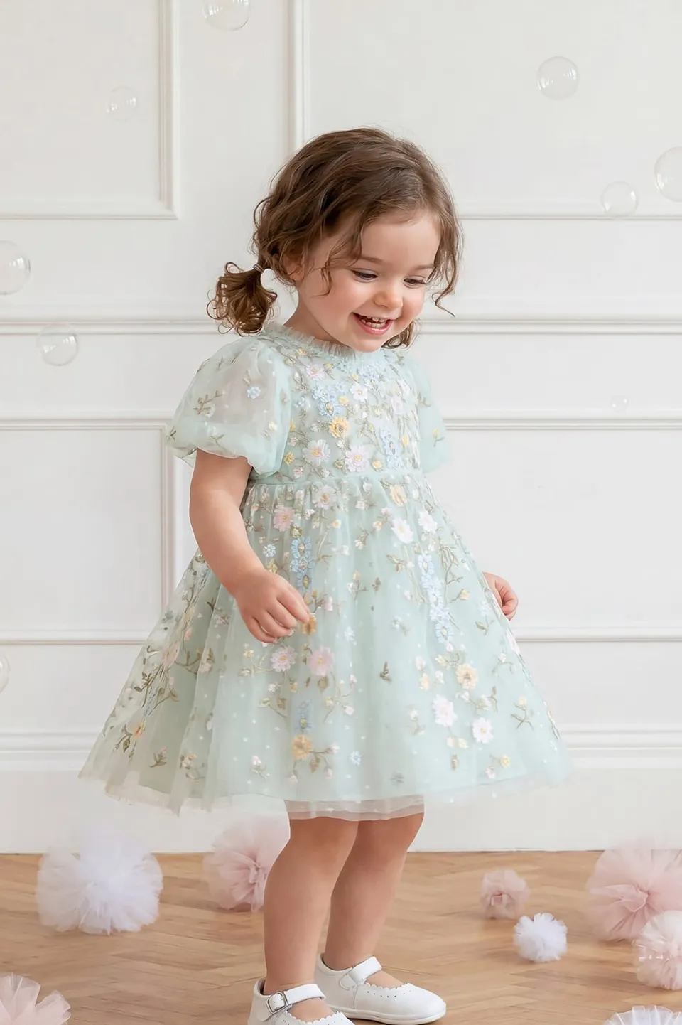 Needle & Thread Garden Rose Baby sukienka dziecięca Green tiul