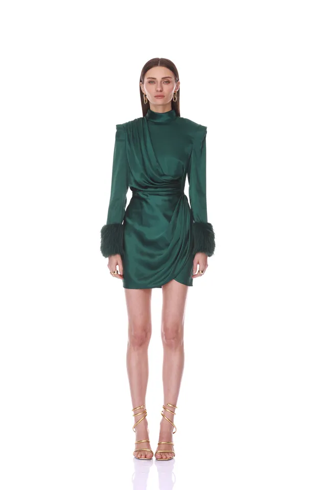 Bronx and Banco Silky Long Sleeve Mini Dress sukienka mini szmaragdowa