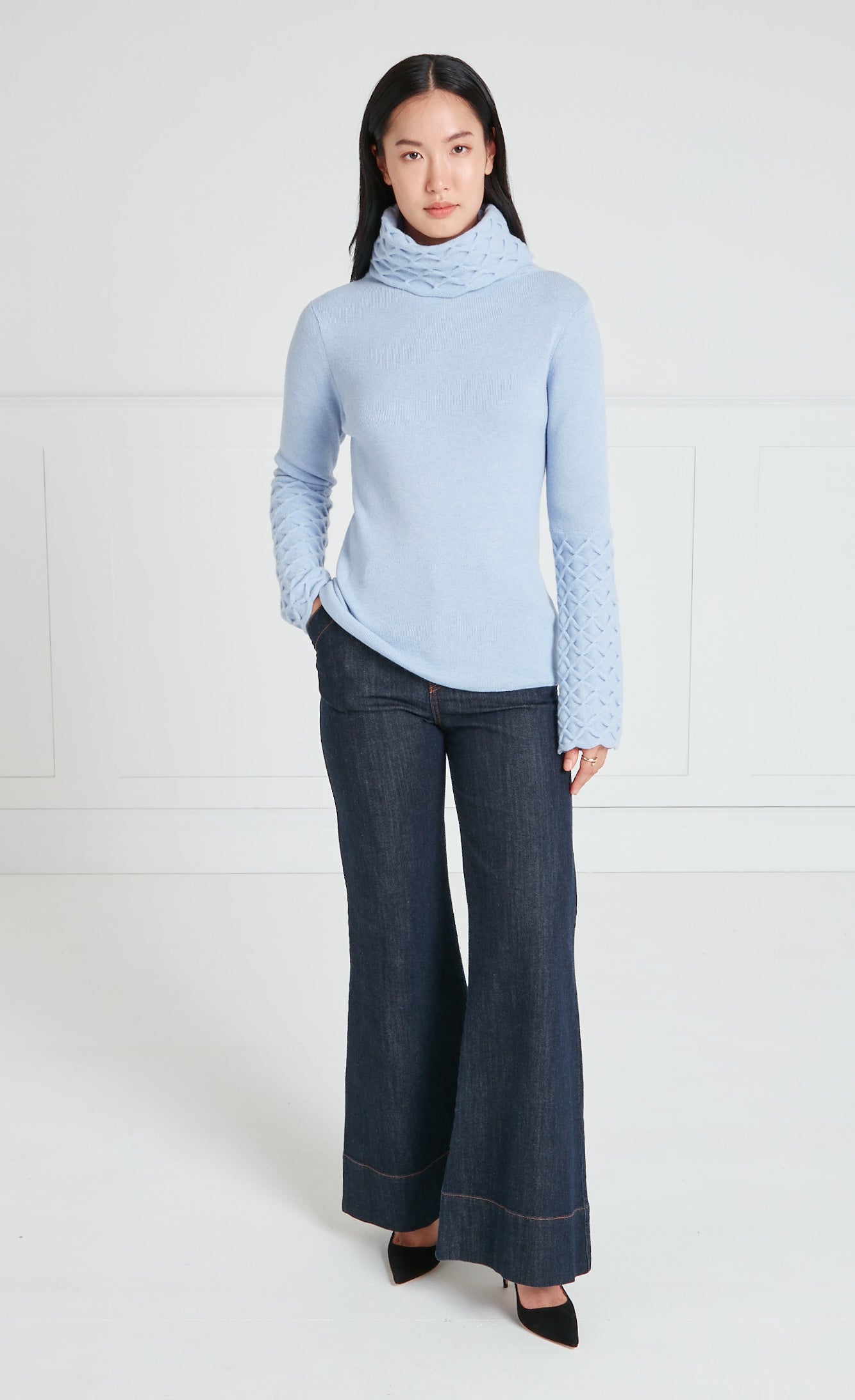 Temperley London Honeycomb Knit Jumper sweter Powder Blue wełna