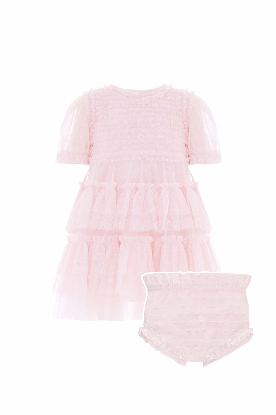 Needle & Thread Ruffle Frill Baby sukienka niemowlęca Pink z bloomersami
