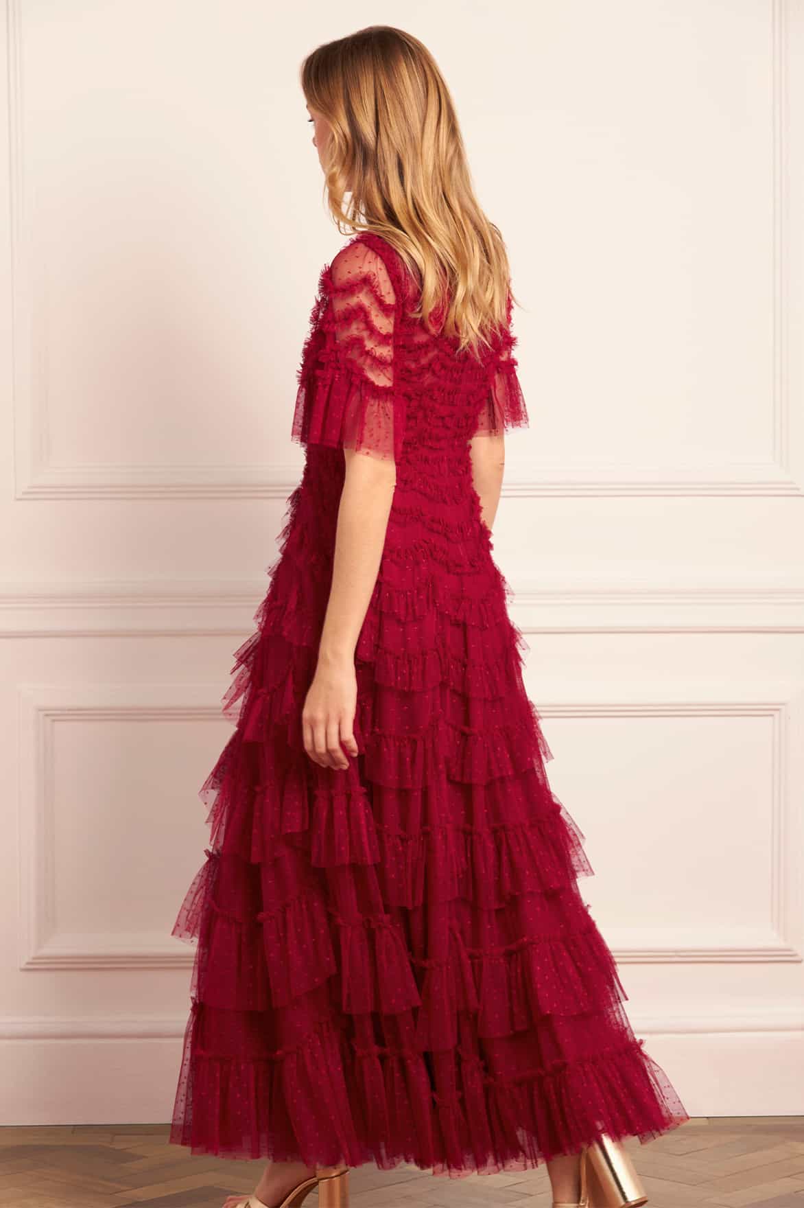 Needle & Thread Aviana Short Sleeve Gown suknia czerwona tiulowa
