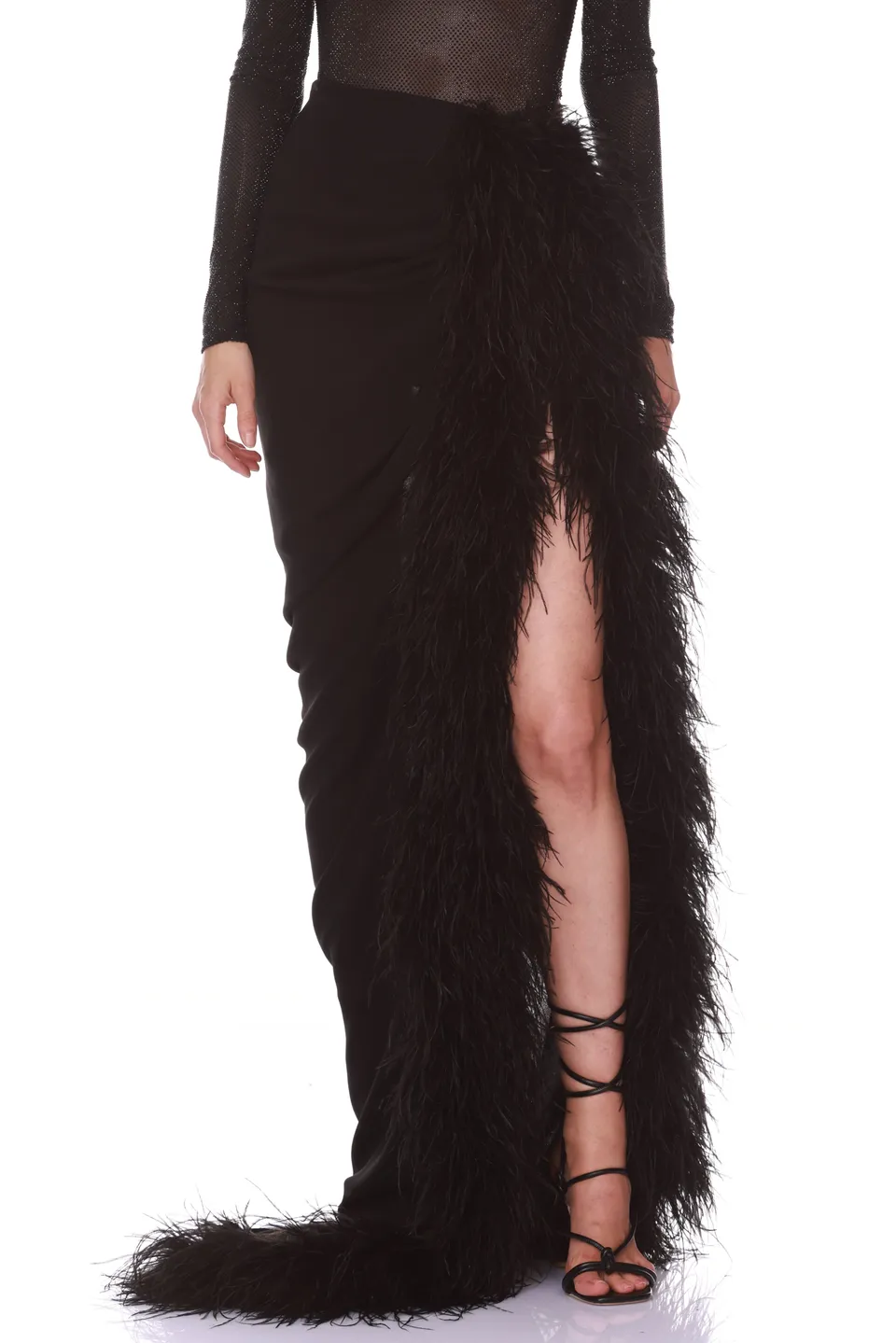 Bronx and Banco Elle Black Skirt spódnica z piórami i rozcięciem