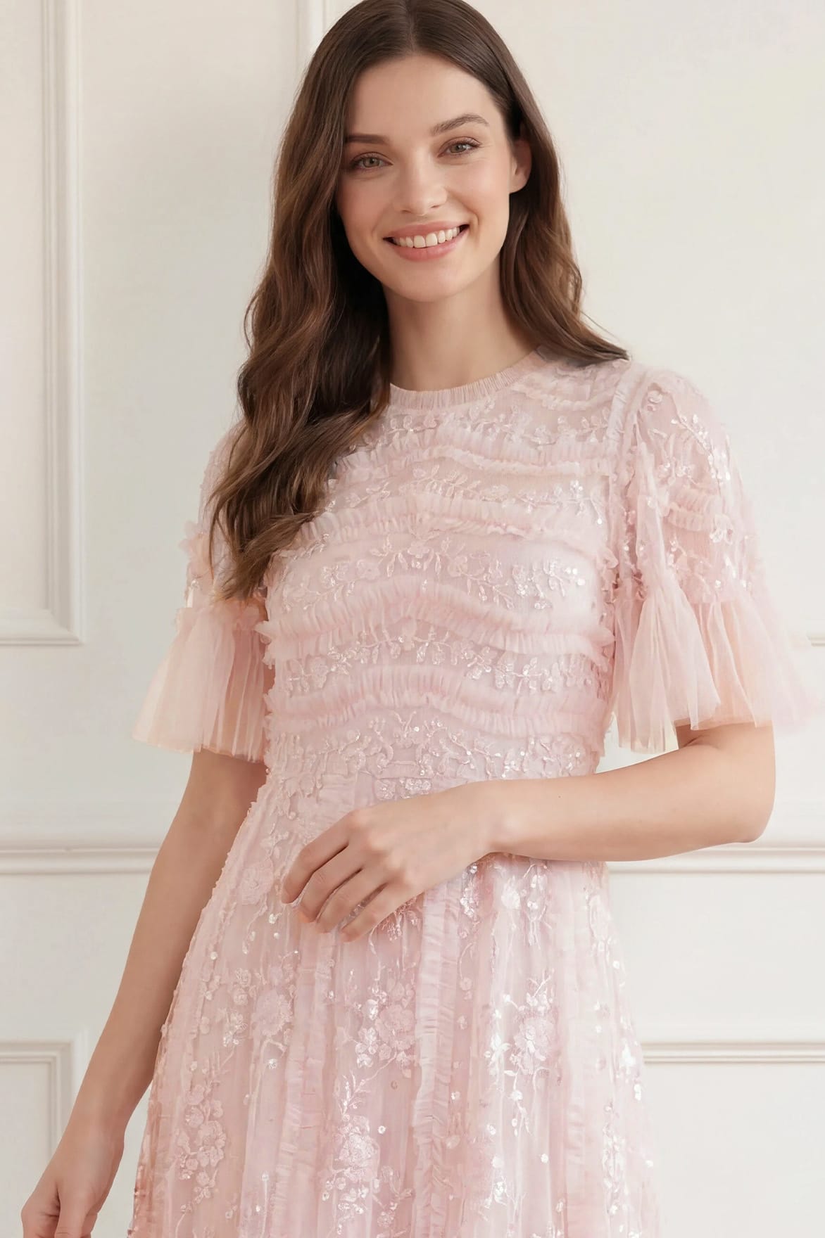Needle & Thread Gianna Ruffle sukienka wieczorowa różowa cekinowa
