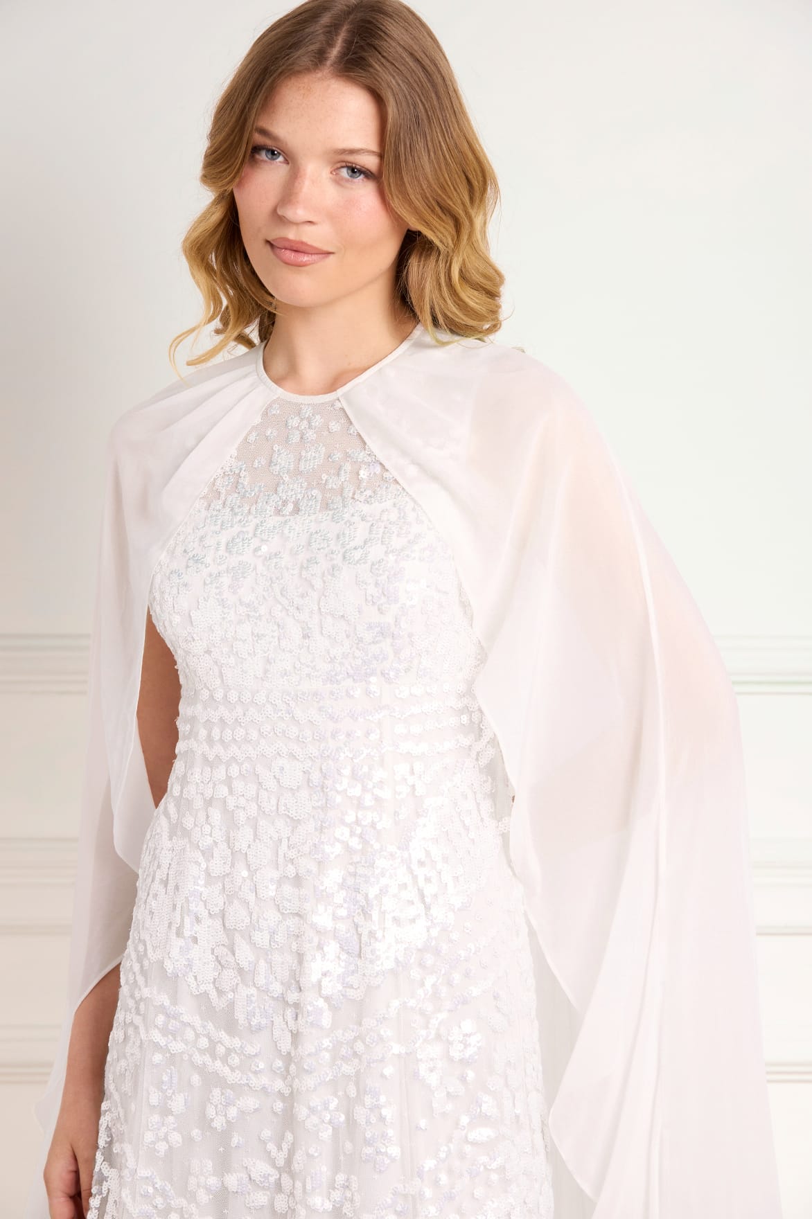 Needle & Thread Anais Sequin Cape Gown suknia biała